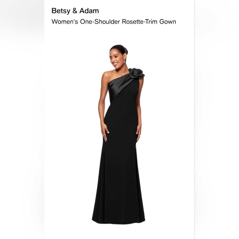 SOLD Betsy & Adam Black One-Shoulder Gown with Rosette Trim